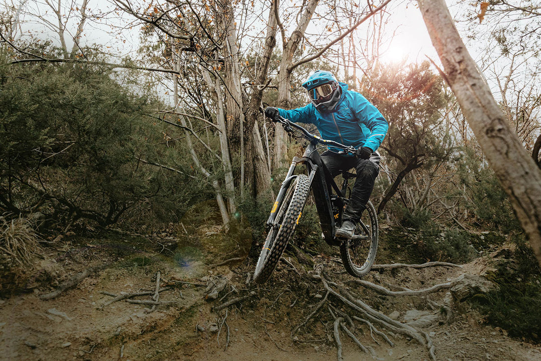 Mountainbikefahrer spring mit dem Rad über Wurzeln